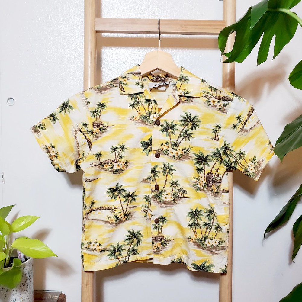 Ho Aloha Vintage Hawaiian Shirt Tiki Palm Trees